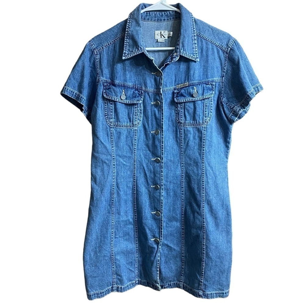 VTG Calvin Klein Jeans 90s y2k Denim Full Button Down Collar Mini Dress Size 13